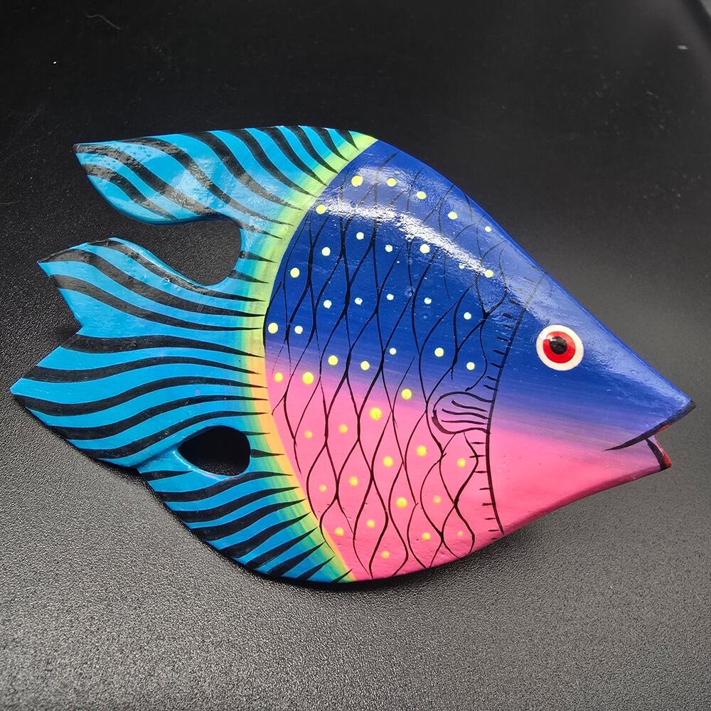 Hand Painted Blue Wood Fish Scarf Clip Ring Slide Charm Vintage 1980s